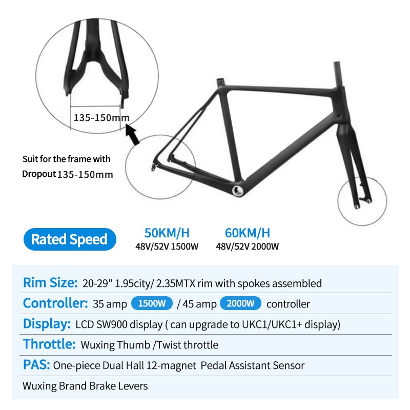 High Power MTX 48V 52V 1500W 2000W Brushless Gearless Hub Motor LCD Display Twist Ebike Conversion Kit